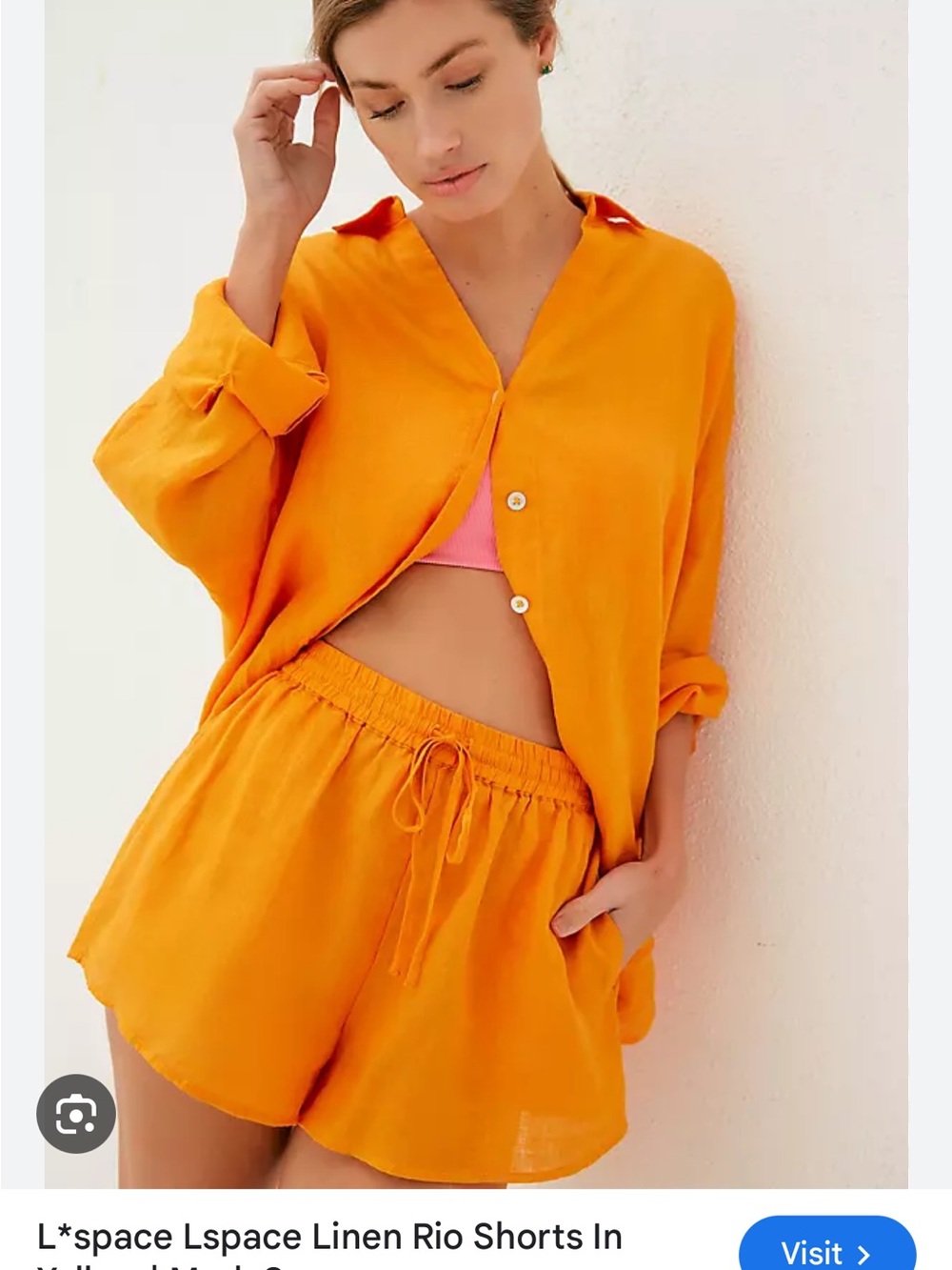 l*space Vibrant Orange Linen Shirt & Drawstring Shorts Set